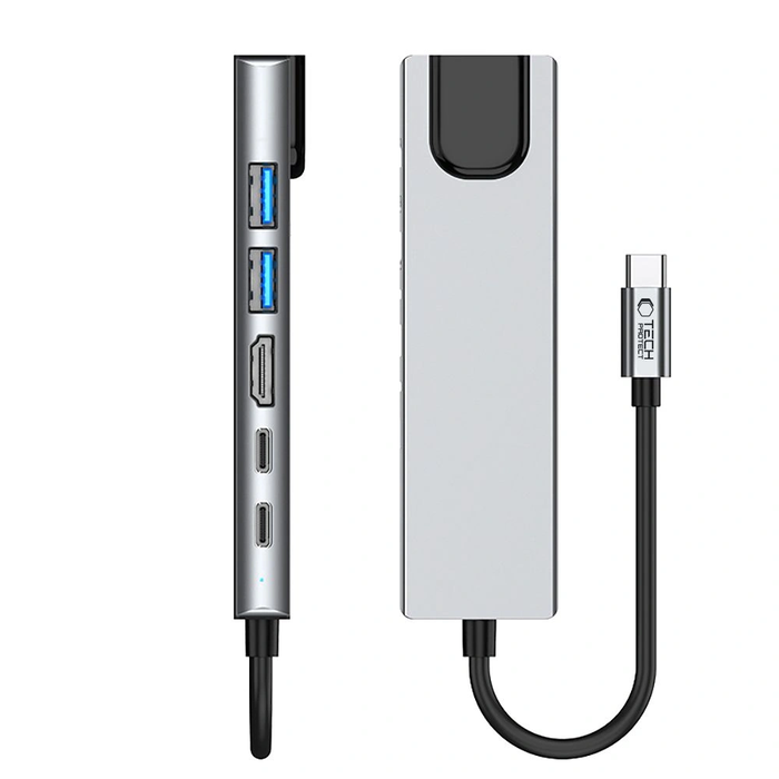 Tech-Protect HB02 HUB Adapter 6in1 USB-C + USB-A 2.0 + USB-A 3.0 + HDMI 4K30Hz + Ethernet RJ45 + PD 100W Space Grey