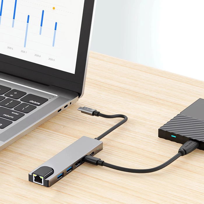 Tech-Protect HB02 HUB Adapter 6in1 USB-C + USB-A 2.0 + USB-A 3.0 + HDMI 4K30Hz + Ethernet RJ45 + PD 100W Space Grey