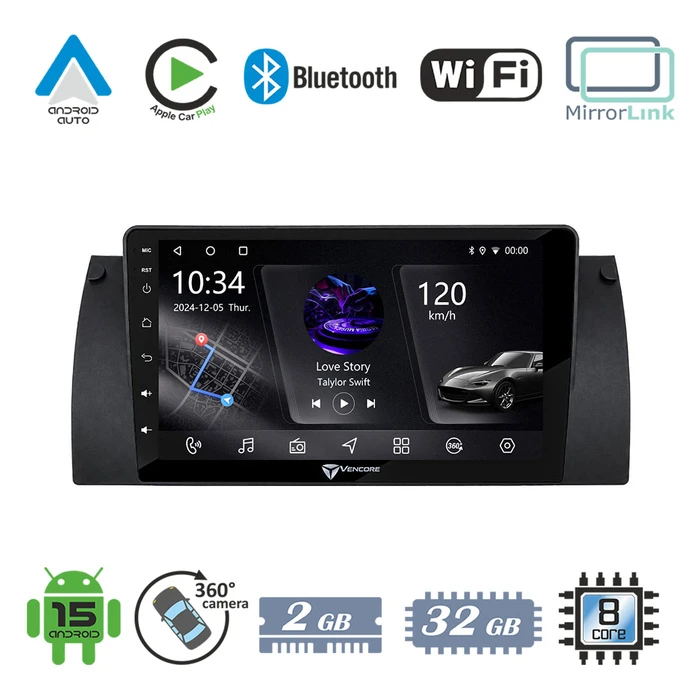 VenCore 3236-10005-0604B - Οθόνη Multimedia Android 15 9" PX5S Octa‑Core 2GB/32GB IPS για BMW Series 5 Lite E39 1997-2003 – Μαύρη