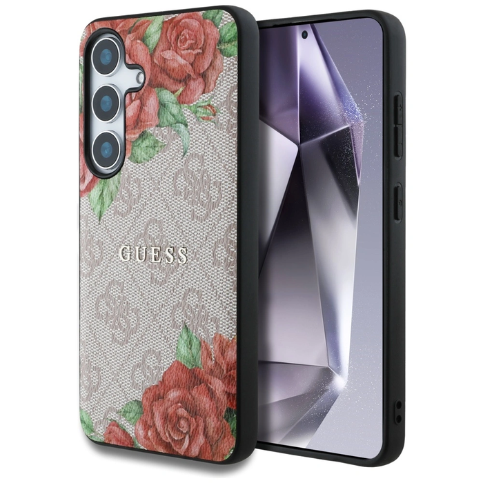 Guess Leather 4G Flowers Print Metal Classic Logo MagSafe Samsung Galaxy S25 pink