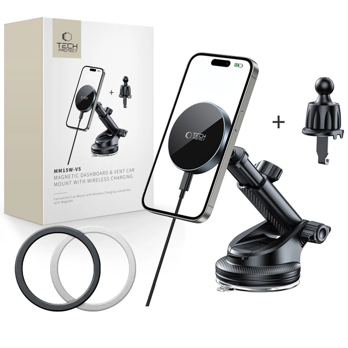 Tech-Protect MM15W-V5 Magnetic MagSafe Dashboard & Vent Car Mount Wireless Charger 15W Black