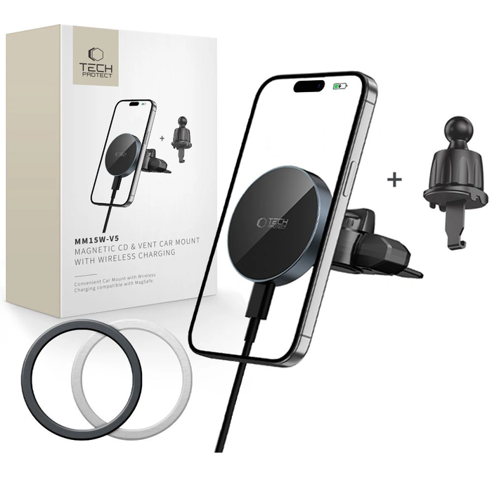 Tech-Protect MM15W-V5 Magnetic MagSafe CD & Vent Car Mount Wireless Charger 15W Black