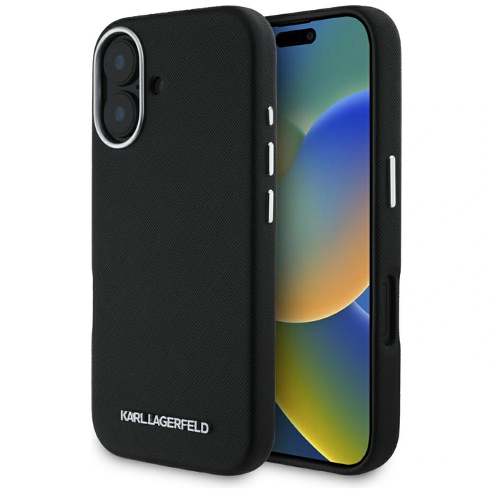 Karl Lagerfeld Saffiano Full Wrapped Elongated Metal Logo MagSafe Apple iPhone 16 black