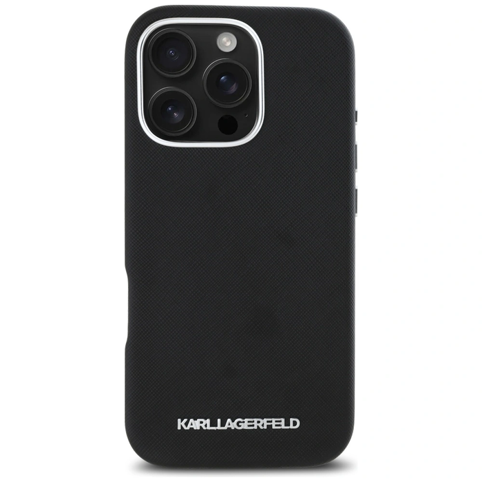 Karl Lagerfeld Saffiano Full Wrapped Elongated Metal Logo MagSafe Apple iPhone 16 Pro black