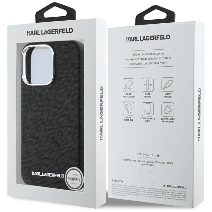 Karl Lagerfeld Saffiano Full Wrapped Elongated Metal Logo MagSafe Apple iPhone 16 Pro black