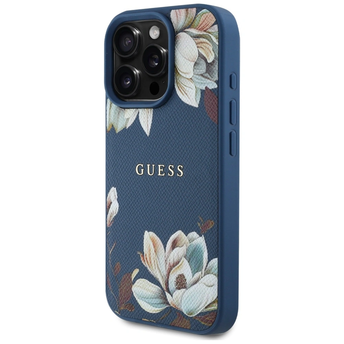 Guess Grained Printed Flower Pattern MagSafe Apple iPhone 16 Pro blue
