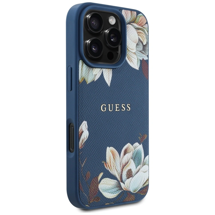 Guess Grained Printed Flower Pattern MagSafe Apple iPhone 16 Pro blue