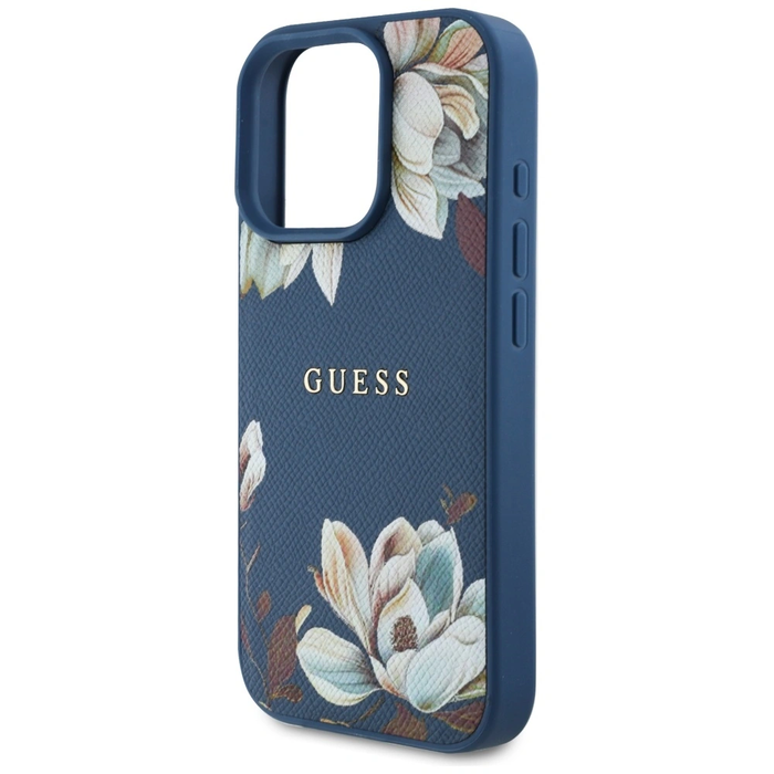 Guess Grained Printed Flower Pattern MagSafe Apple iPhone 16 Pro blue