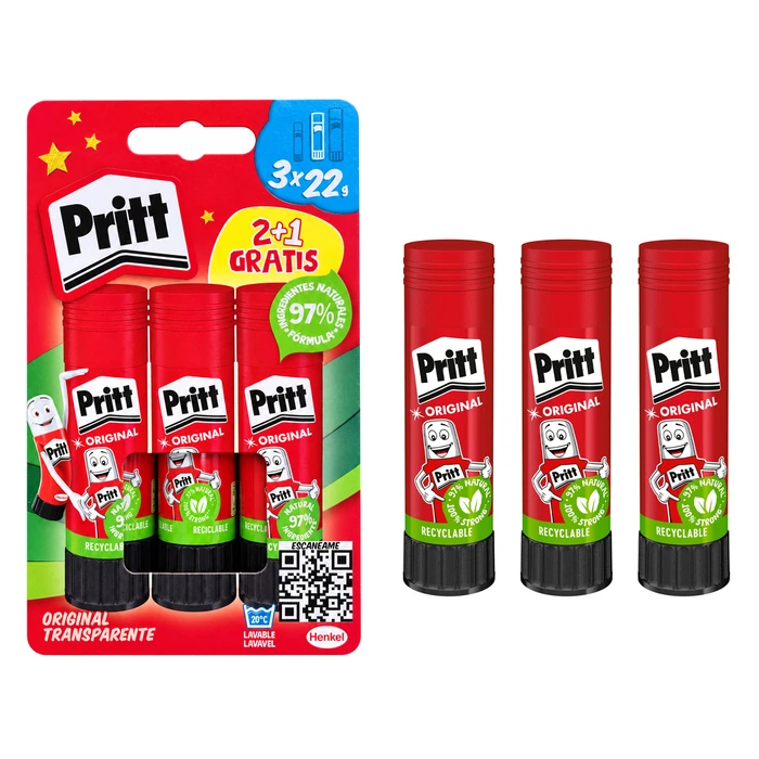PRITT Original Glue Stick Set, 22 g, Clear, 3 pcs