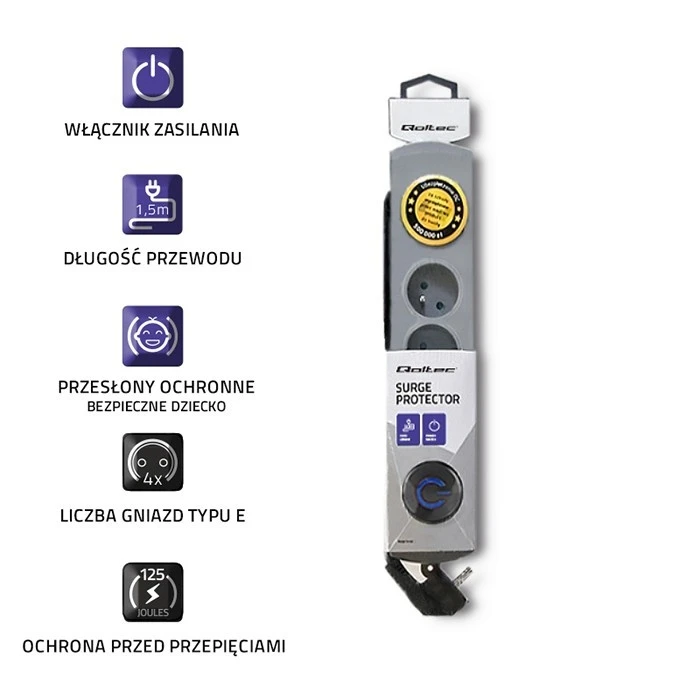 Πολύπριζο Ασφαλείας Qoltec Quick Switch 4 Sockets 1,5m Gray