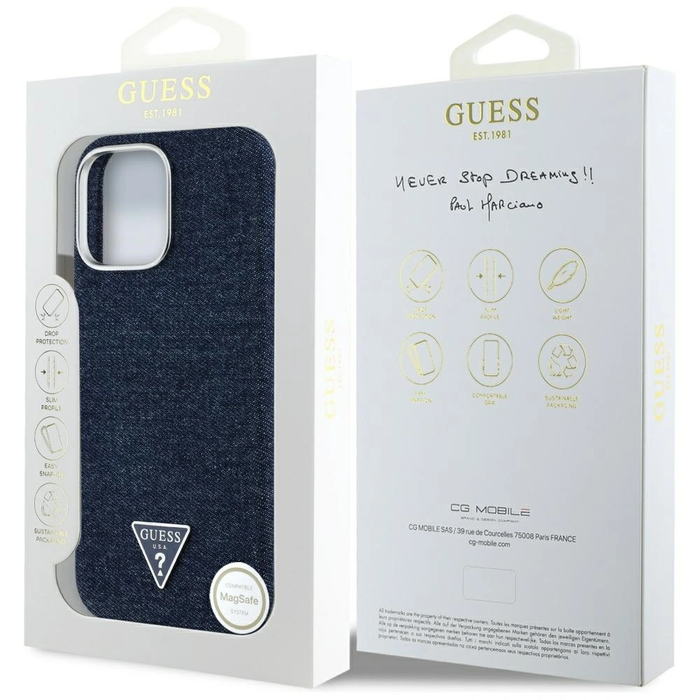 Guess Denim Triangle Logo MagSafe Apple iPhone 16 Pro blue