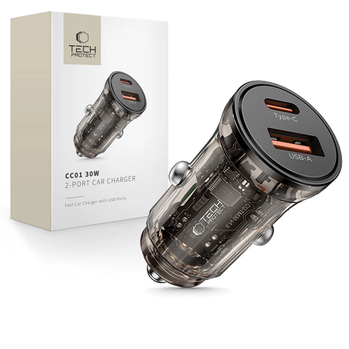 Tech-Protect CC01 2-port Car Charger USB-A, USB-C PD 30W / QC 3.0 Black