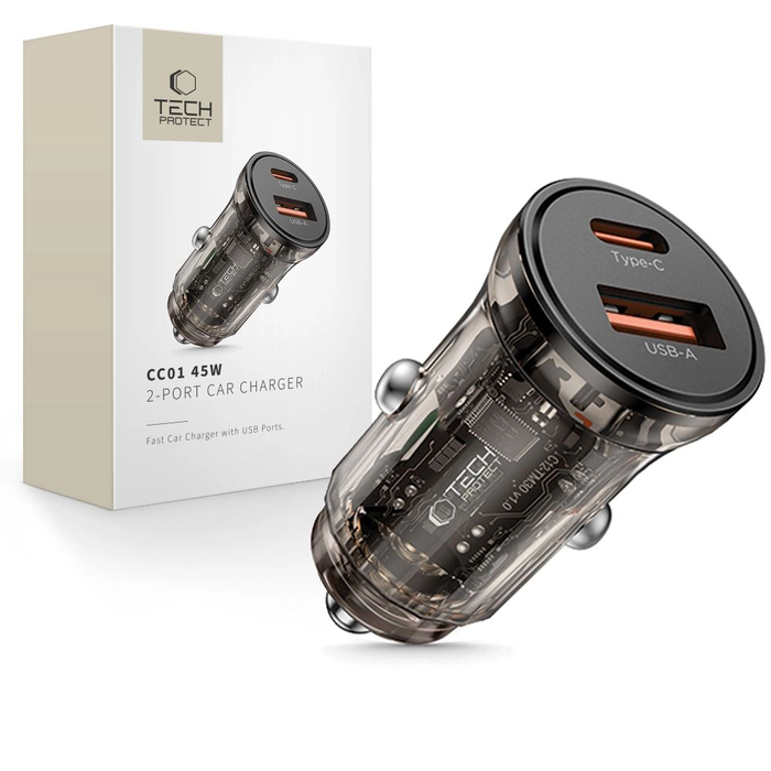 Tech-Protect CC01 2-port Car Charger USB-A, USB-C PD 45W / QC 3.0 Black