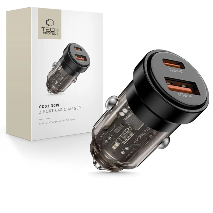 Tech-Protect CC03 2-port Car Charger USB-A, USB-C PD 30W / QC 3.0 Black