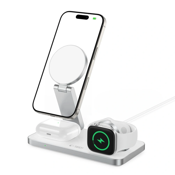 Wireless charger 3w1 Tech-Protect QI15W-A47 3in1 Magnetic MagSafe Wireless Charger White