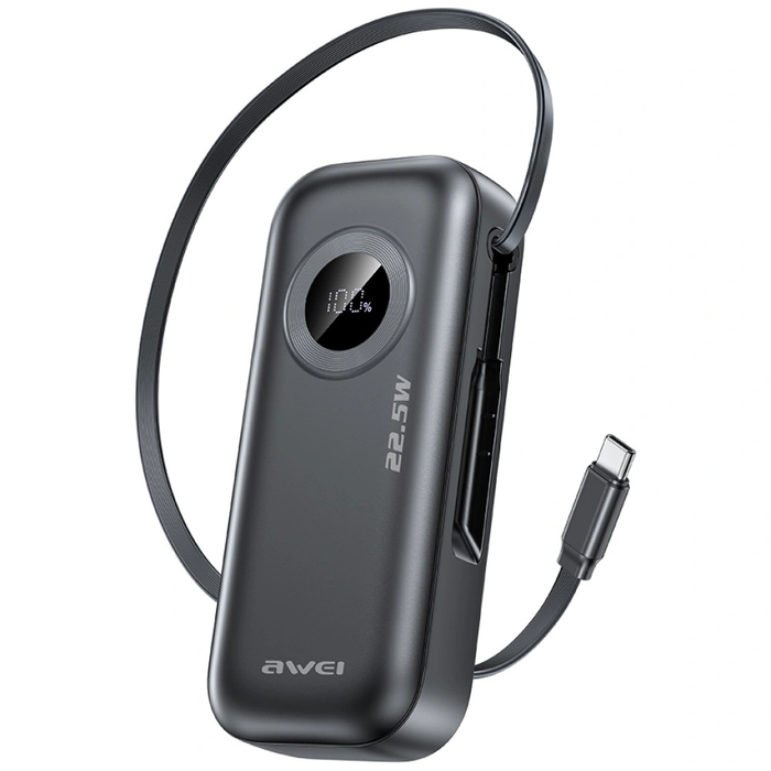 AWEI PA-9 10000mAh 22.5W power bank with detachable USB-C cable black