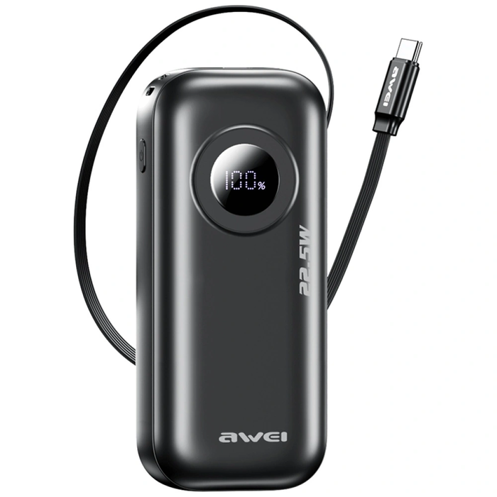 AWEI PA-9 10000mAh 22.5W power bank with detachable USB-C cable black