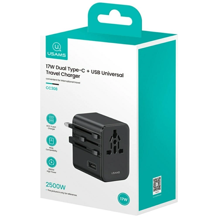 USAMS Travel Adapter CC308 USB-C + USB-A 17W 4in1 US/AU/EU/UK black