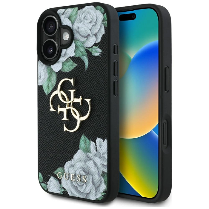 Guess Grained Roses Big 4G logo Apple iPhone 16 black