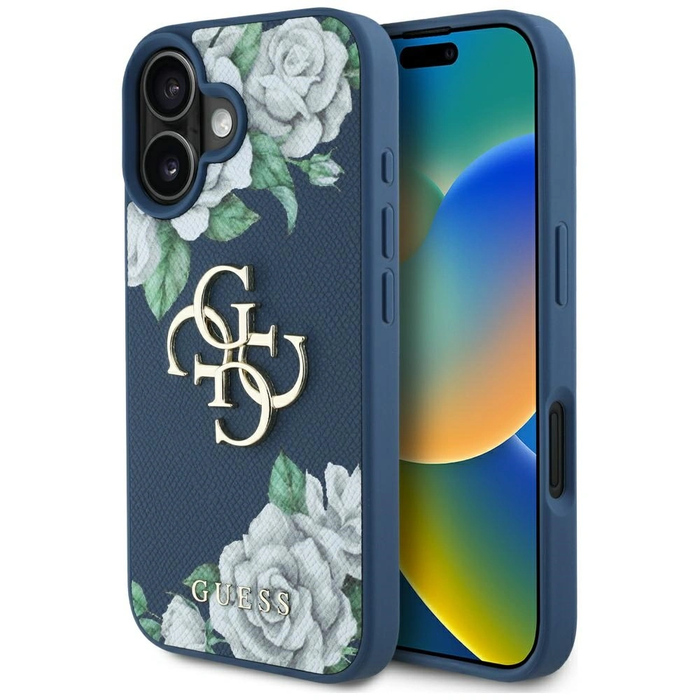 Guess Grained Roses Big 4G logo Apple iPhone 16 blue