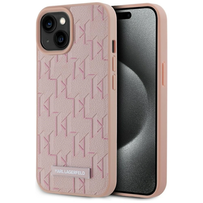 Karl Lagerfeld Leather Monogram Metal Logo MagSafe Apple iPhone 15 pink