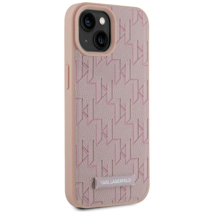 Karl Lagerfeld Leather Monogram Metal Logo MagSafe Apple iPhone 15 pink