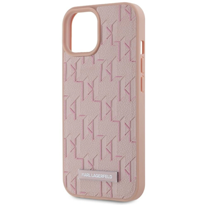 Karl Lagerfeld Leather Monogram Metal Logo MagSafe Apple iPhone 15 pink