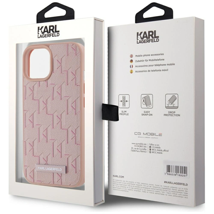 Karl Lagerfeld Leather Monogram Metal Logo MagSafe Apple iPhone 15 pink