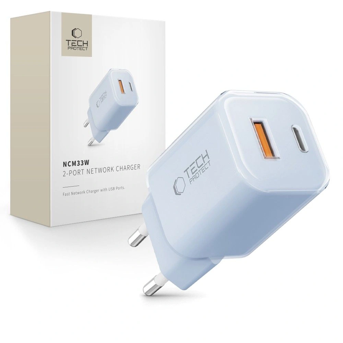 Tech-Protect NCM33W 2-port USB-A, USB-C Network Charger PD 33W / QC3.0 Baby Blue