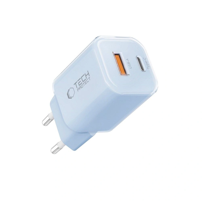 Tech-Protect NCM33W 2-port USB-A, USB-C Network Charger PD 33W / QC3.0 Baby Blue
