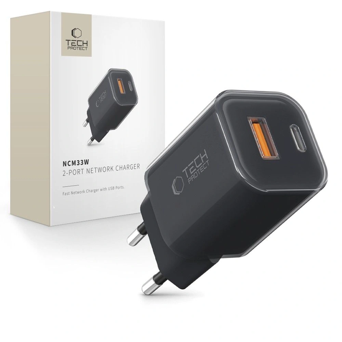 Tech-Protect NCM33W 2-port USB-A, USB-C Network Charger PD 33W / QC3.0 Black