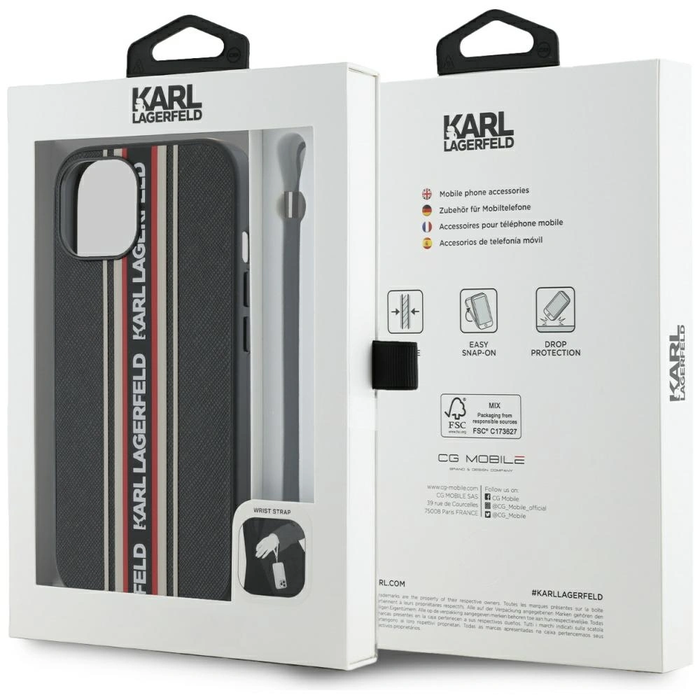 Karl Lagerfeld Saffiano Athleisure Stripes Cord Apple iPhone 15 black-red