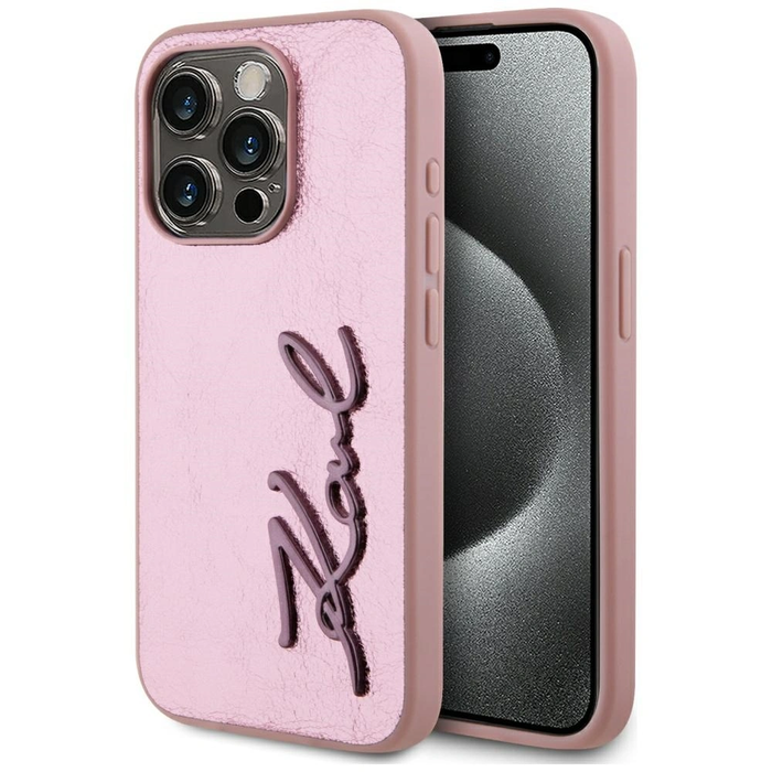 Karl Lagerfeld Wrinkled Metal Signature Apple iPhone 15 Pro pink