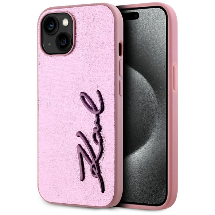 Karl Lagerfeld Wrinkled Metal Signature Apple iPhone 15 pink