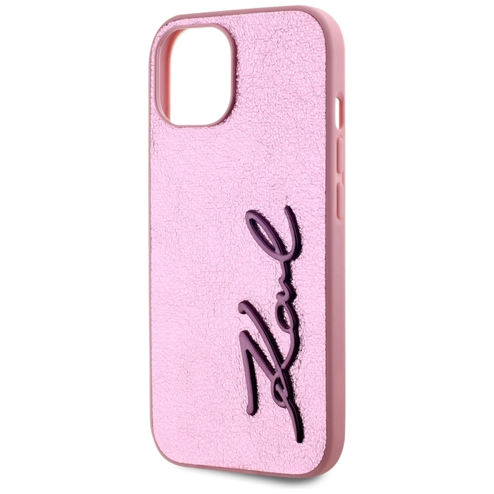 Karl Lagerfeld Wrinkled Metal Signature Apple iPhone 15 pink