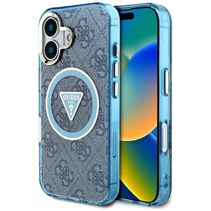 Guess IML Metal Glitter 4G Circle Triangle MagSafe Apple iPhone 16 blue