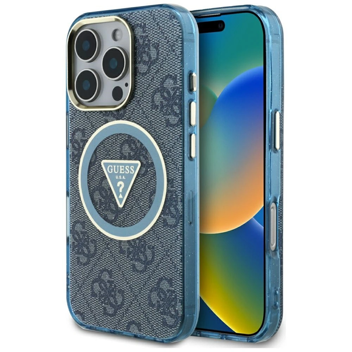 Guess IML Metal Glitter 4G Circle Triangle MagSafe Apple iPhone 16 Pro blue