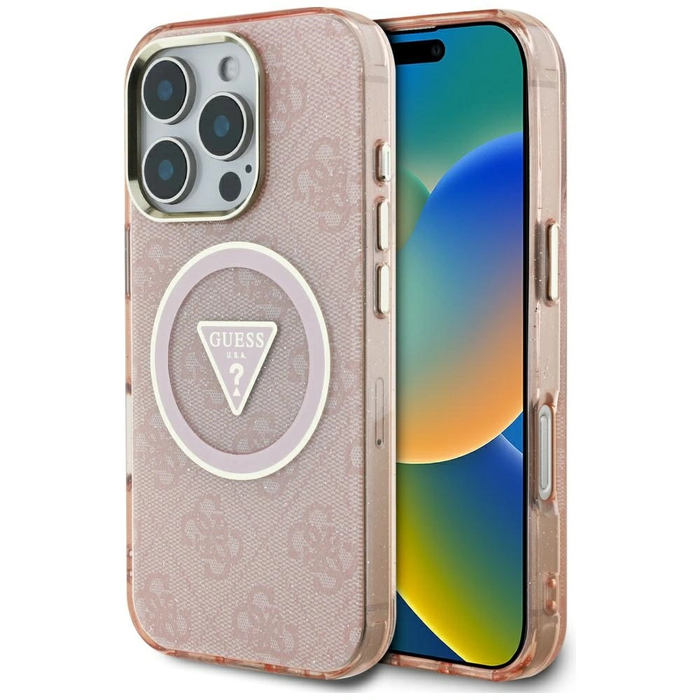 Guess IML Metal Glitter 4G Circle Triangle MagSafe Apple iPhone 16 Pro pink
