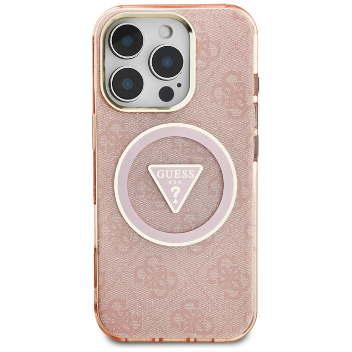 Guess IML Metal Glitter 4G Circle Triangle MagSafe Apple iPhone 16 Pro pink