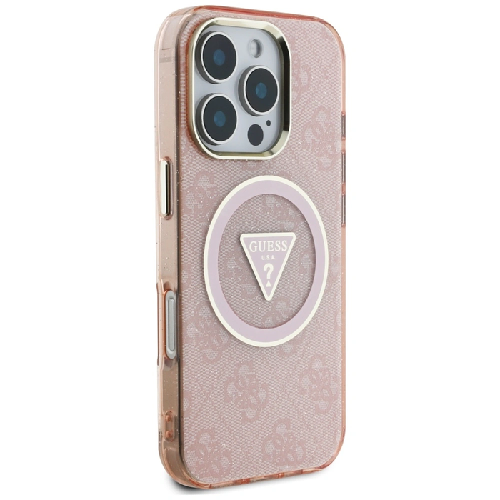 Guess IML Metal Glitter 4G Circle Triangle MagSafe Apple iPhone 16 Pro pink