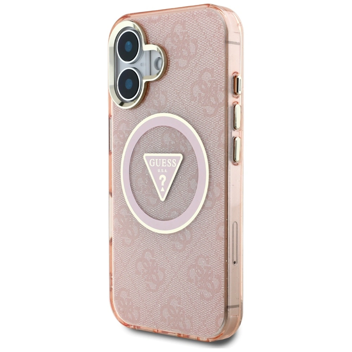 Guess IML Metal Glitter 4G Circle Triangle MagSafe Apple iPhone 16 pink