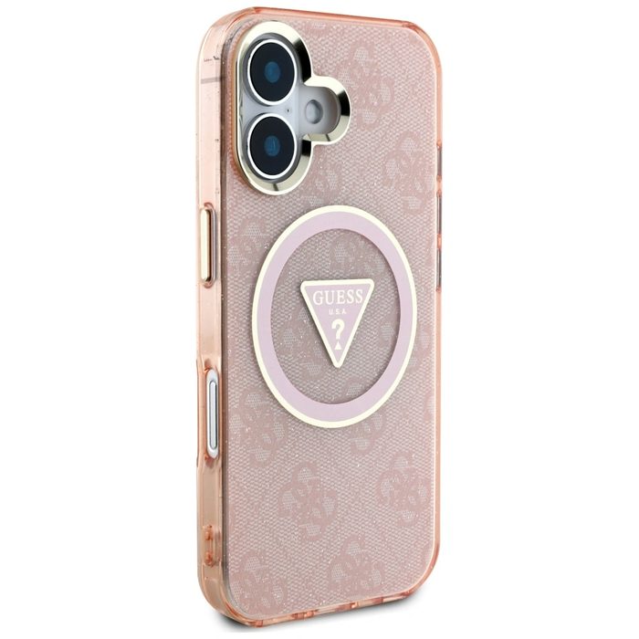 Guess IML Metal Glitter 4G Circle Triangle MagSafe Apple iPhone 16 pink