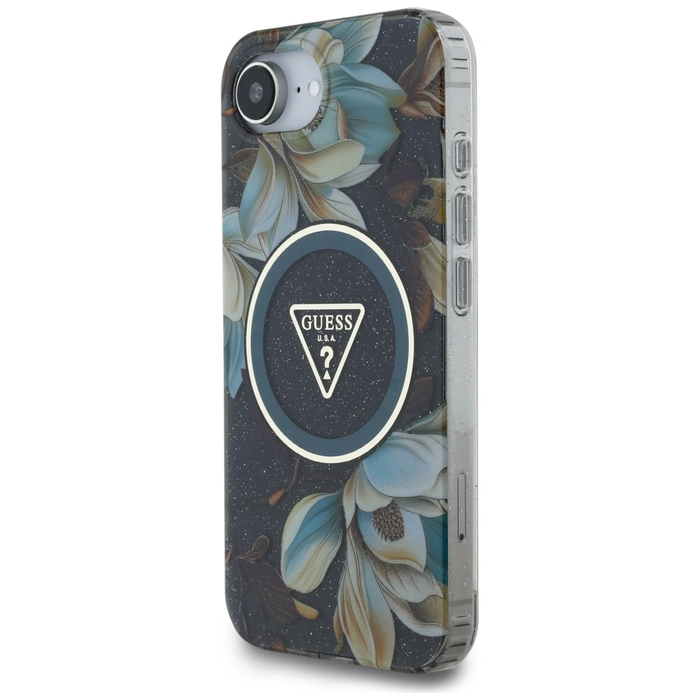 Guess IML Metal Glitter Flowers Triangle MagSafe Apple iPhone 17e / 16e black