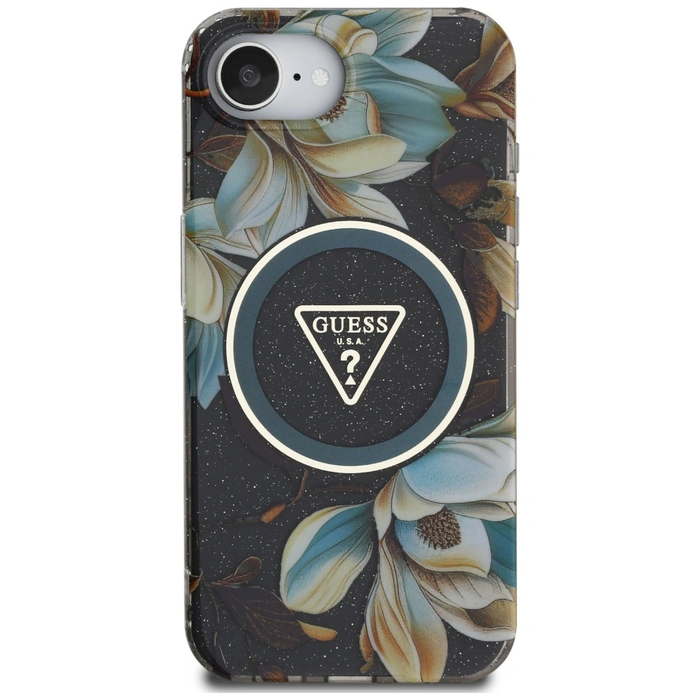 Guess IML Metal Glitter Flowers Triangle MagSafe Apple iPhone 17e / 16e black