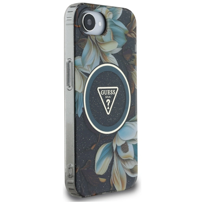 Guess IML Metal Glitter Flowers Triangle MagSafe Apple iPhone 17e / 16e black