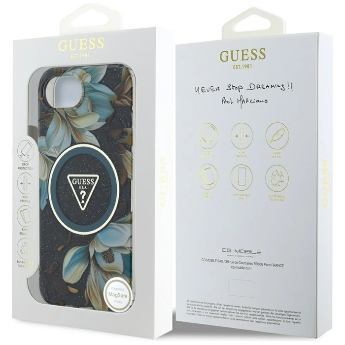 Guess IML Metal Glitter Flowers Triangle MagSafe Apple iPhone 17e / 16e black