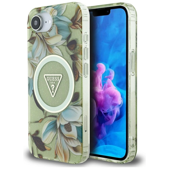 Guess IML Metal Glitter Flowers Triangle MagSafe Apple iPhone 17e / 16e green