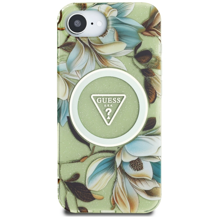Guess IML Metal Glitter Flowers Triangle MagSafe Apple iPhone 17e / 16e green