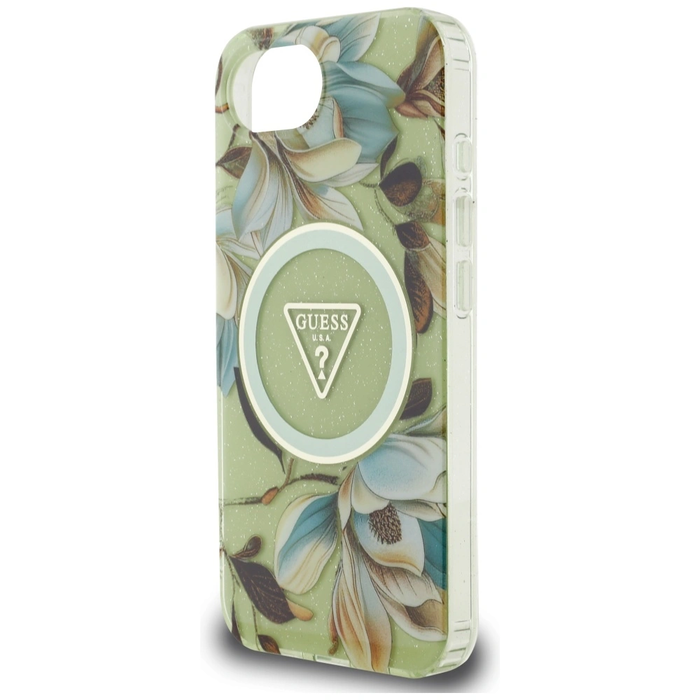 Guess IML Metal Glitter Flowers Triangle MagSafe Apple iPhone 17e / 16e green