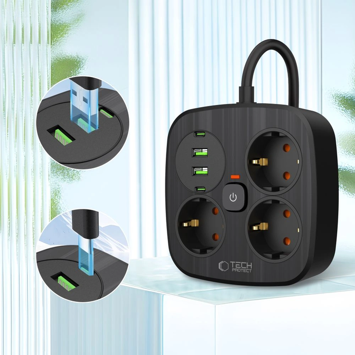 Tech-Protect PCS3X4 Power Strip 2xUSB-A, 2xUSB-C, 3xSocket AC 200cm Black